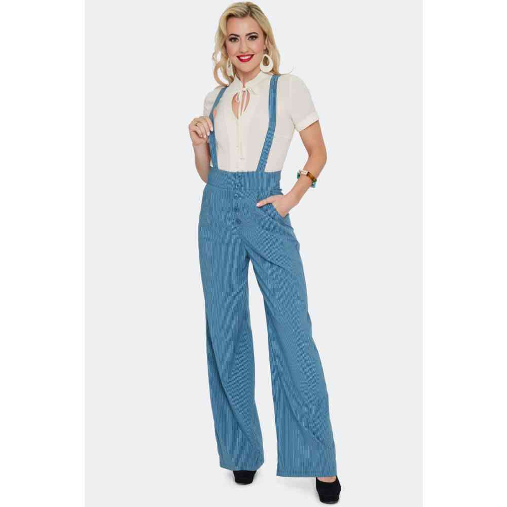 Voodoo Vixen - Button Up Pinstripe Suspender Weite Hose - Blau